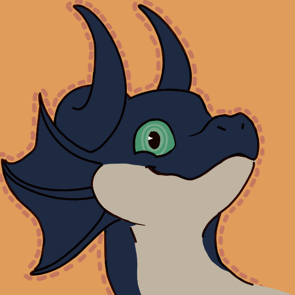A wiggling icon of a blue and off-white dragon with green eyes on an orange background.